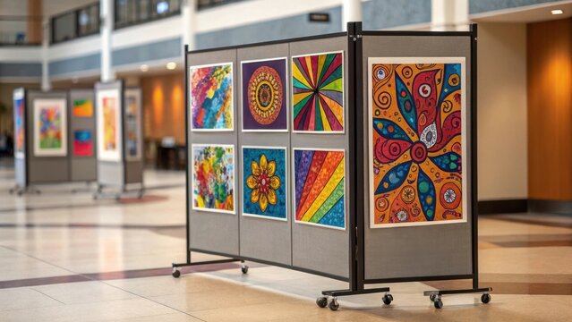 A medium closeup of vibrant artworks displayed on a movable wall highlighting how it can serve not just as a partition but also as a canvas for creativity.