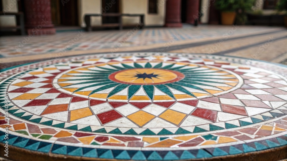 Poster a medium closeup revealing a circular geometric tile arrangement where the tiles radiate outward fro