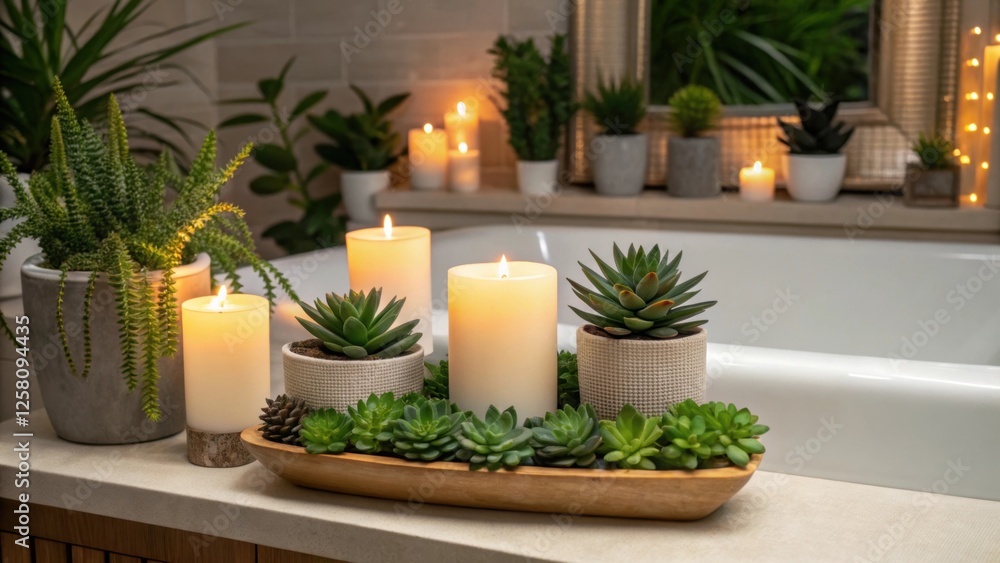Poster A medium closeup reveals a vanity area adorned with potted succulents and decorative candles adding a touch of greenery and warmth around the floating vanity.