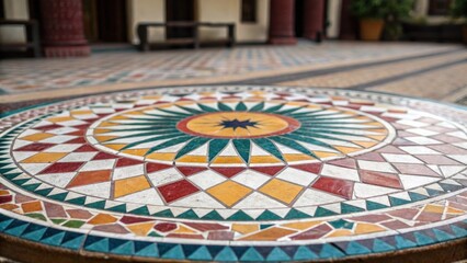 Obraz premium A medium closeup revealing a circular geometric tile arrangement where the tiles radiate outward from a central point drawing the viewers eye and inviting exploration.