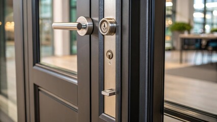 Obraz premium A medium closeup reveals the intricate locking mechanism of a pivot door designed for security while maintaining the sleek aesthetic of modern design.