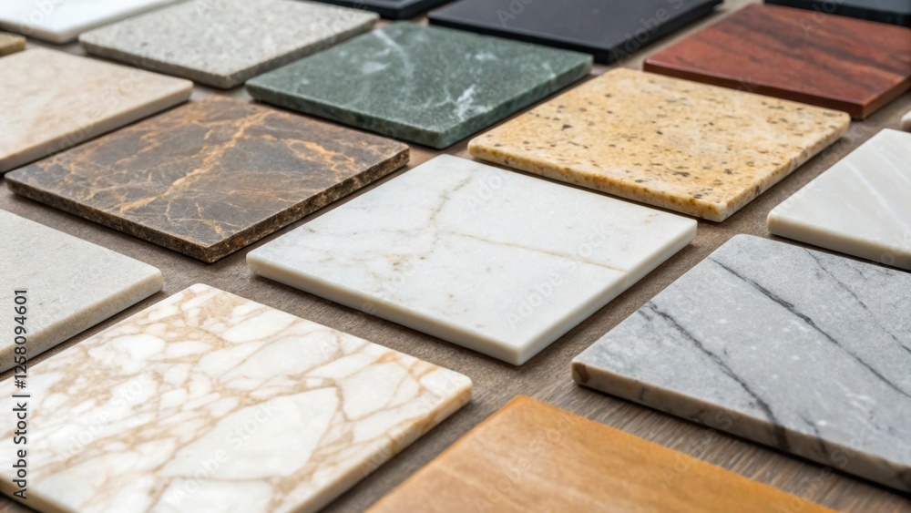 Poster A medium closeup shot of various samples of marble and stone finishes spread out on a surface displaying a range of colors and patterns available for bathroom design.