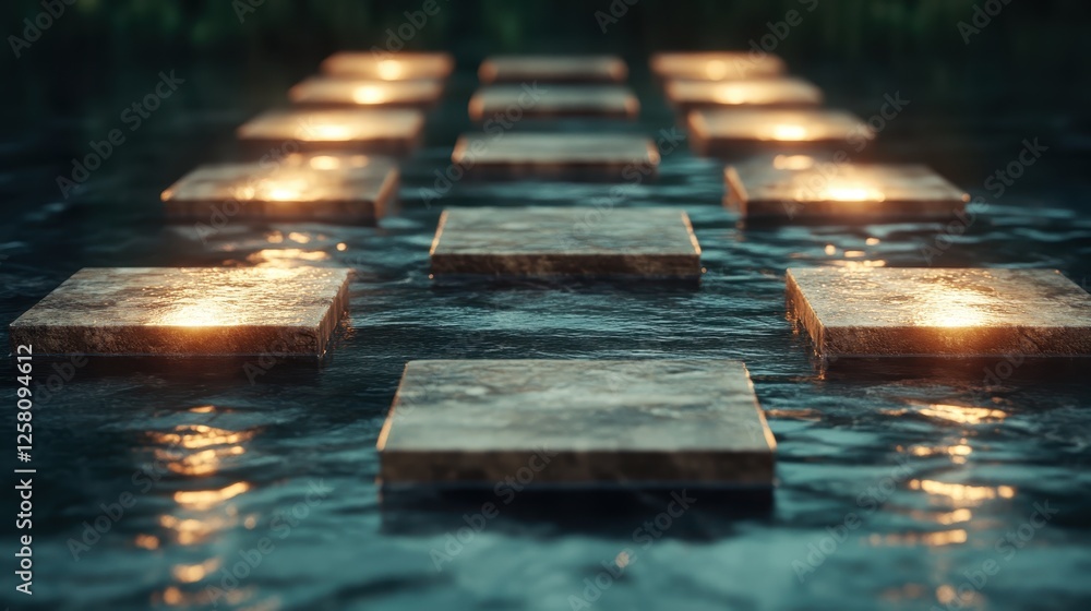 Poster this visually striking image features illuminated stone blocks arranged on still water, creating a m