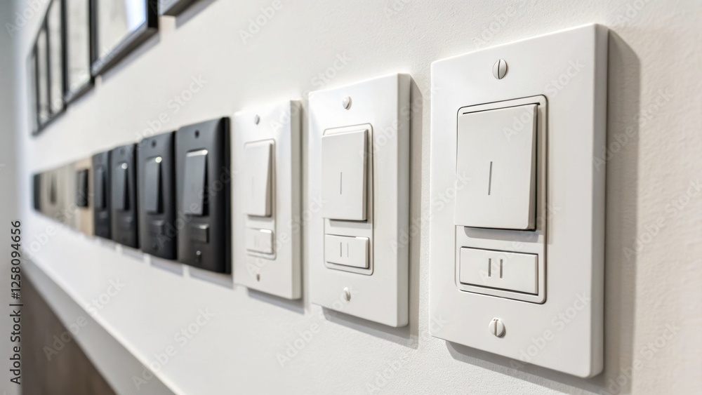 Poster a medium closeup showcasing a collection of touchsensitive light switches installed on a modern wall