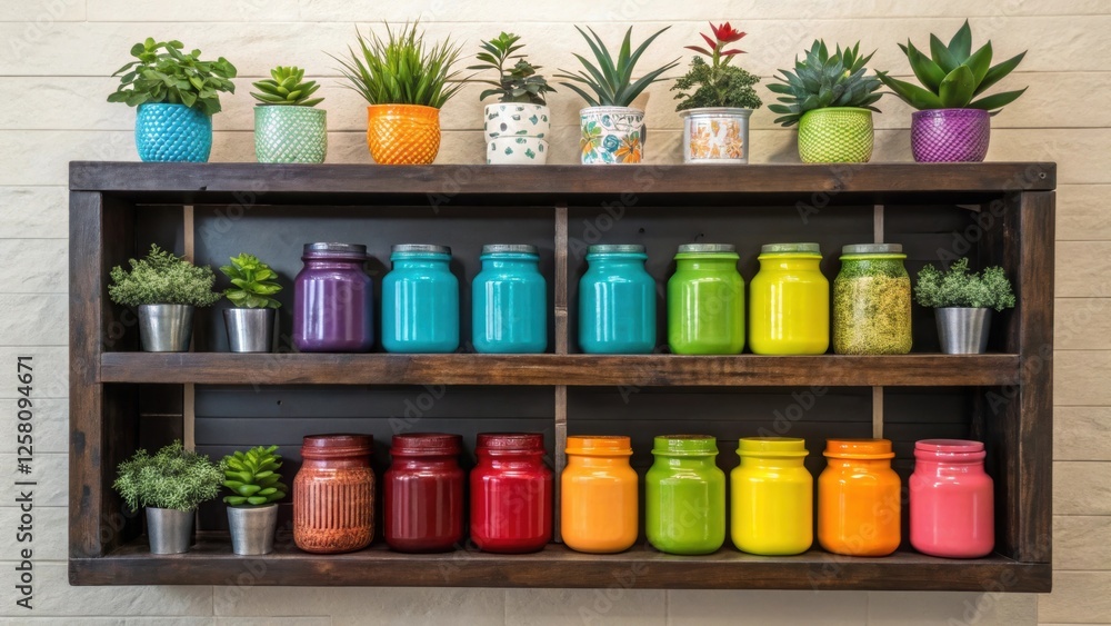 Poster A medium closeup showcasing a neatly arranged floating shelf filled with vibrant decorative jars and plants emphasizing the contrast between the dark wood of the shelf and the