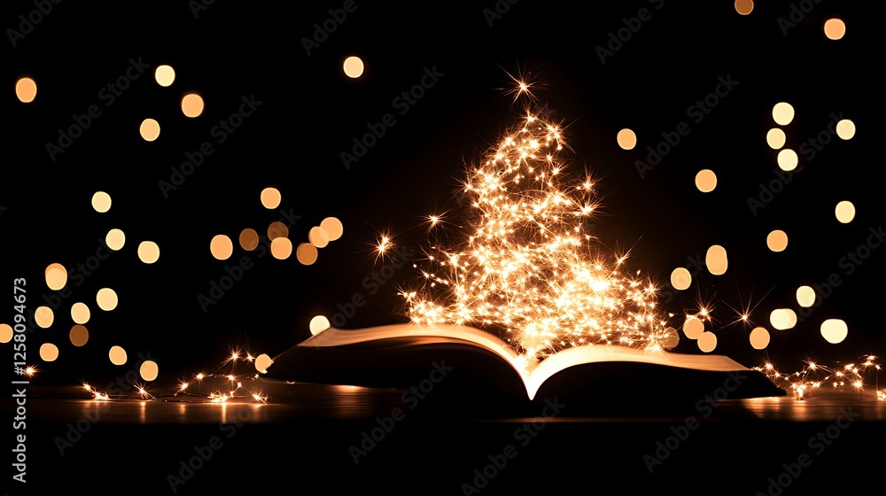 Poster enchanting christmas tree emerging from an open book creating a sparkly festive atmosphere