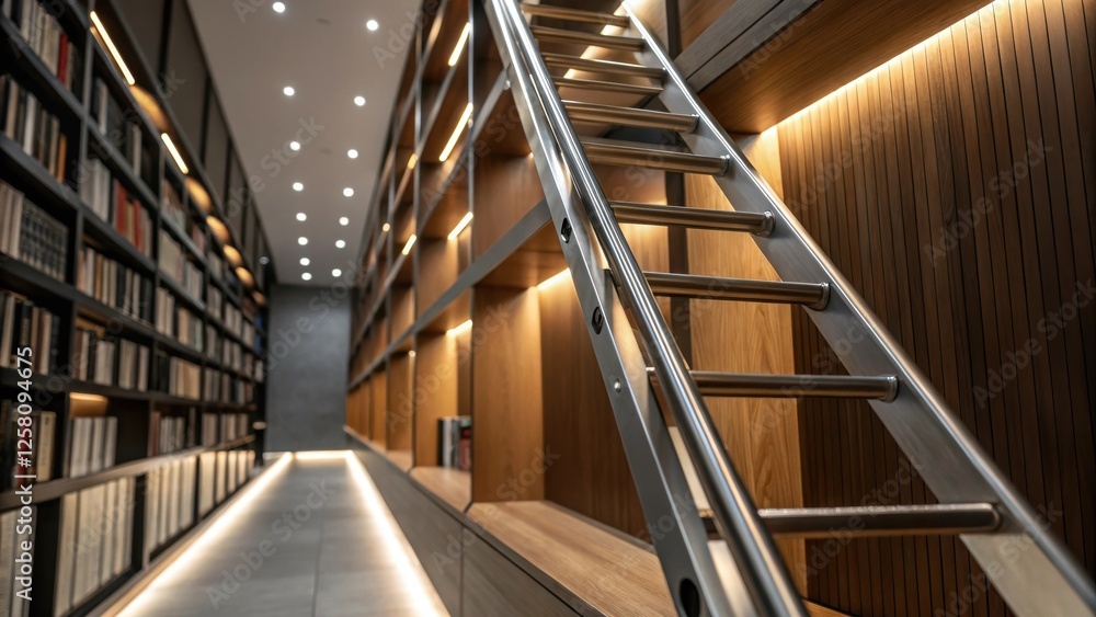 Poster a medium closeup showcasing a decorative ladder system integrated into a contemporary library design