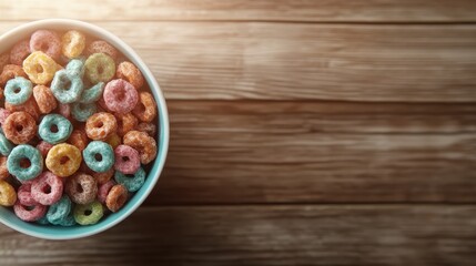 Naklejka premium A vibrant assortment of colorful ring-shaped breakfast cereals fills a bowl, enticing viewers with its playful hues and crunchy shapes, perfect for a cheerful morning meal.