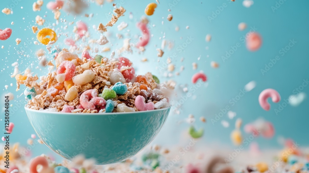Poster this action-packed image captures the dynamic pouring of colorful breakfast cereal into a bowl, with