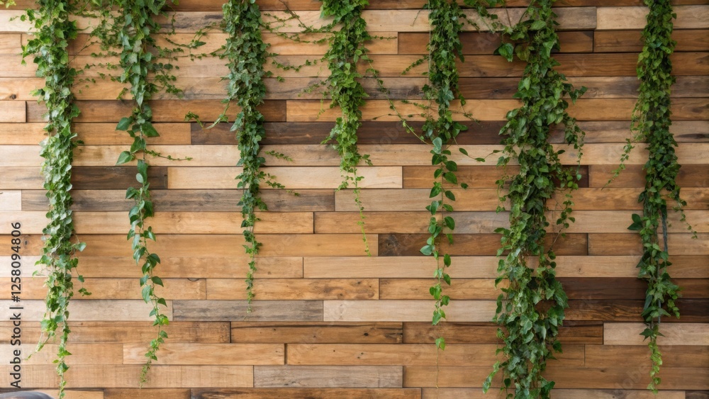 Poster A medium closeup showcasing the completed feature wall adorned with trailing greenery blending nature with the rustic allure of reclaimed wood.