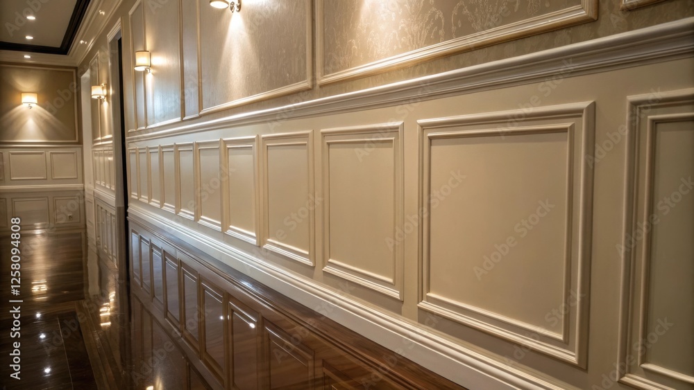 Poster a medium closeup showcasing light reflections on a highgloss painted wainscoting surface accentuatin