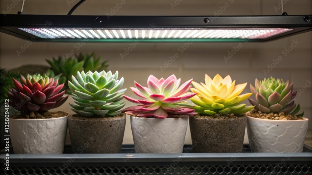 Poster a medium closeup showcasing a row of succulents in colorful planters beneath a ceilingmounted grow l