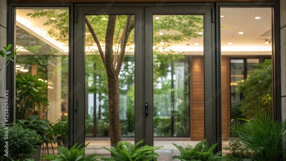 Poster A medium closeup showcasing the reflection of greenery visible through partially od glass panels emphasizing the connection between nature and interior environments.