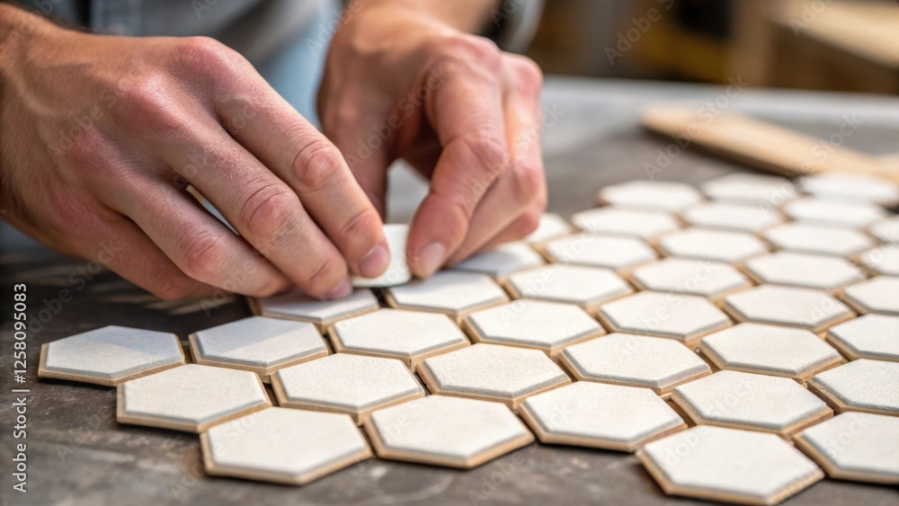 Poster A medium closeup showing hands adjusting tiles shaped like honeycombs with the background blurred to focus on the skillful alignment and delicate placement.