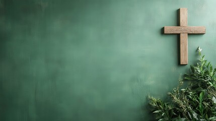 A minimalistic image featuring a wooden cross set against a muted green backdrop, symbolizing faith and spirituality in a serene setting filled with greenery.