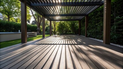A medium closeup showing sunlight filtering through a completed shaded patio area highlighting the sleek lines and patterns of the decking while casting intricate shadows.