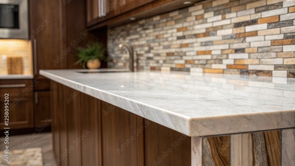 Leinwandbilder a medium closeup that focuses on the intersection where the waterfall countertop meets a backsplash 