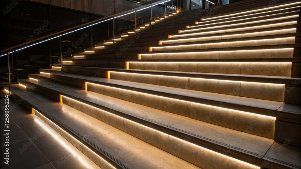 Aufkleber A medium closeup that captures the play of light and shadows created by recessed LED strips beneath each step emphasizing the elegant lines of the staircase.