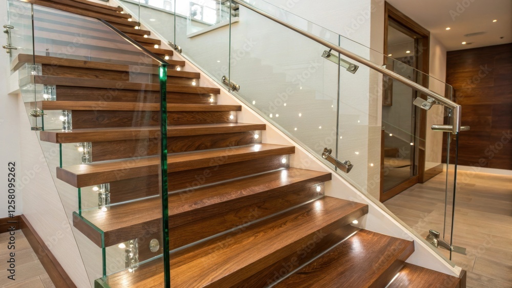 Poster a medium closeup view of a modern staircase showcasing polished wooden treads paired with clear glas
