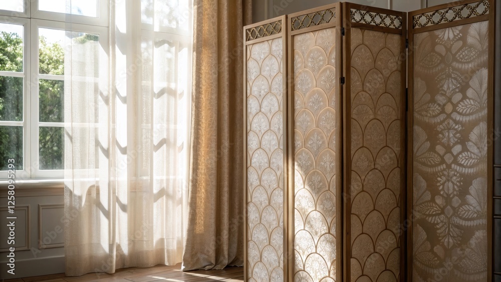 Poster A medium closeup view of a beautifully textured fabric room divider with sunlight filtering through casting subtle patterns on the nearby wall.