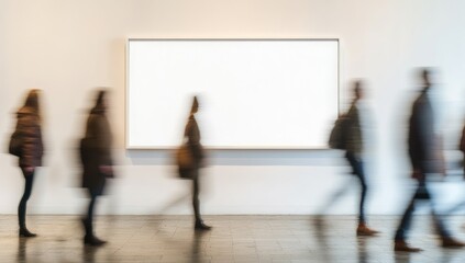 Photo of people walking in motion blur past an empty white frame on the wall, minimalist art gallery background.