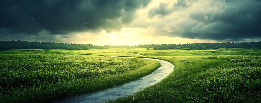 : A vast open countryside with rolling green fields and a meandering stream, captured under a dramatic sky as gentle rain falls, enhancing the peaceful atmosphere.