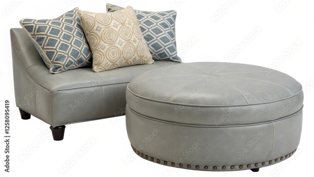 Poster a midcentury modern aesthetic showcases a sleek round ottoman upholstered in soft gray leather paire