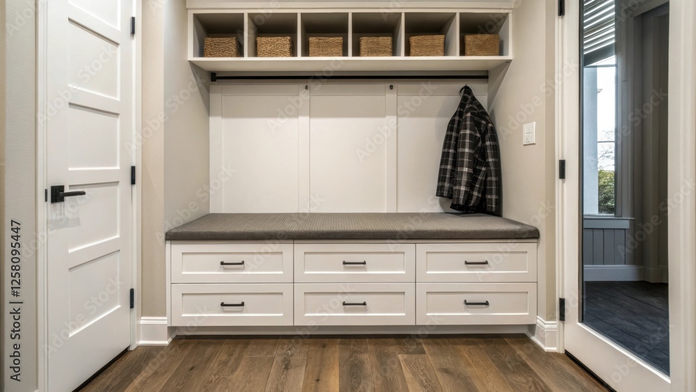 Aufkleber A modern entryway displaying a sleek builtin storage bench with sliding drawers beneath emphasizing a clean and organized aesthetic while maximizing utility in a compact space.