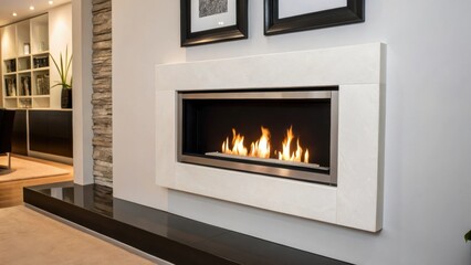 A modern bioethanol fireplace mounted on a sleek minimalist wall focusing on the floating effect and clean flame design that brings warmth without the need for a traditional