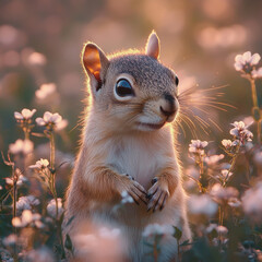 Obraz premium Squirrel among blooming flowers in a sunlit meadow during springtime. Generative AI