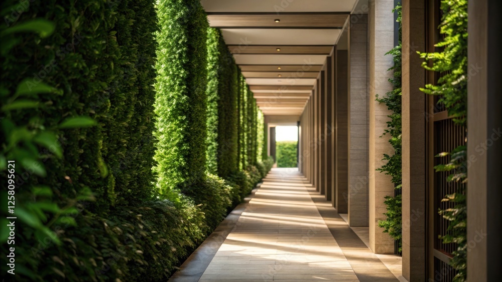 Poster An angled medium closeup highlighting the interplay of light and shadow on a vertical garden where lush plants intertwine with subtle architectural features of the hallway.