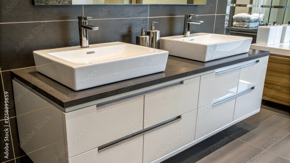 Poster An angled view of a contemporary bathroom vanity adorned with modern plumbing fixtures emphasizing the aesthetic appeal and functional design of upgraded components.