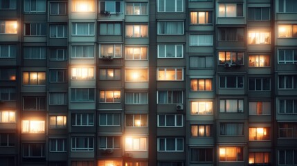 A mesmerizing view of windows in an apartment building illuminated at night, providing a glimpse into the lives within, stirring emotions of nostalgia and community.