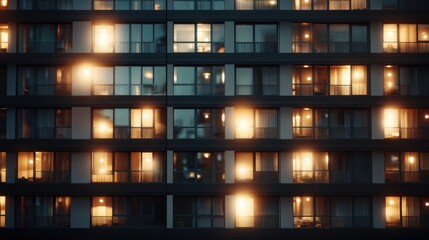 A captivating shot of a modern apartment building facade at night, radiating warmth from lit interiors, embodying urban lifestyle and community connection.