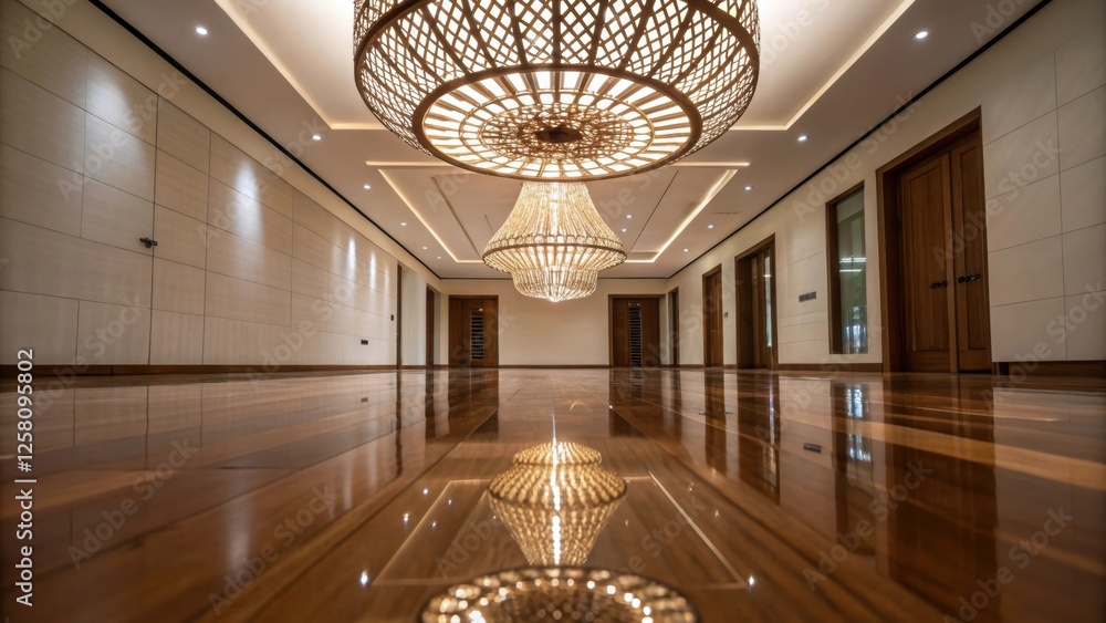 Aufkleber an angles shot capturing the reflection of sculptural lighting on a polished wooden floor with the l