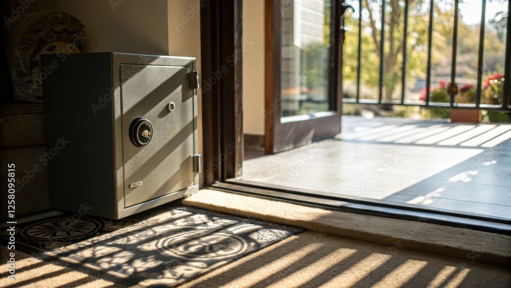 Aufkleber An artistic closeup of light filtering through an entryway window casting shadows on a freshly installed floor safe highlighting the blend of functionality and design.