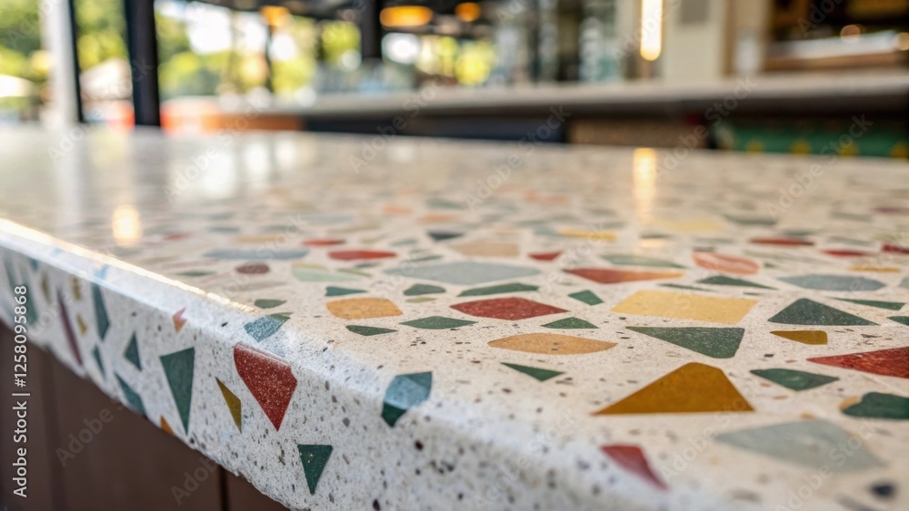 Poster An artistic closeup of the geometric patterns found in a terrazzo countertop focusing on the interplay of colors and textures under soft lighting.