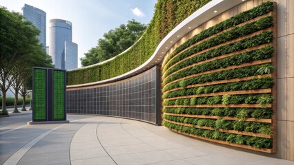 Obraz premium An artistic representation of a curved wall made from ecofriendly materials adorned with smart technology that responds to environmental changes autonomously.