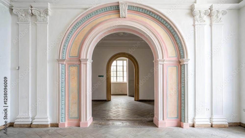 Poster an elegant plaster archway painted in soft pastel hues offers a delicate touch to a minimalist entra