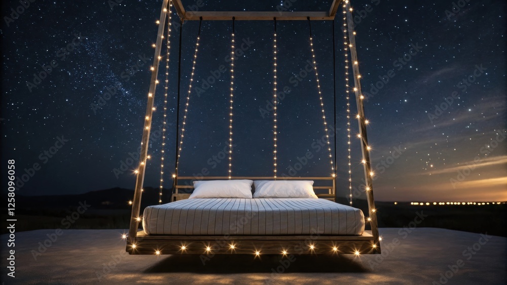 Poster A nighttime view of a suspended bed adorned with fairy lights creating a magical ambiance that highlights the beds floating appearance against the dark sky.