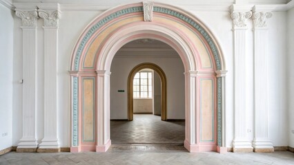 An elegant plaster archway painted in soft pastel hues offers a delicate touch to a minimalist entrance accentuating the simplicity of the surrounding walls.