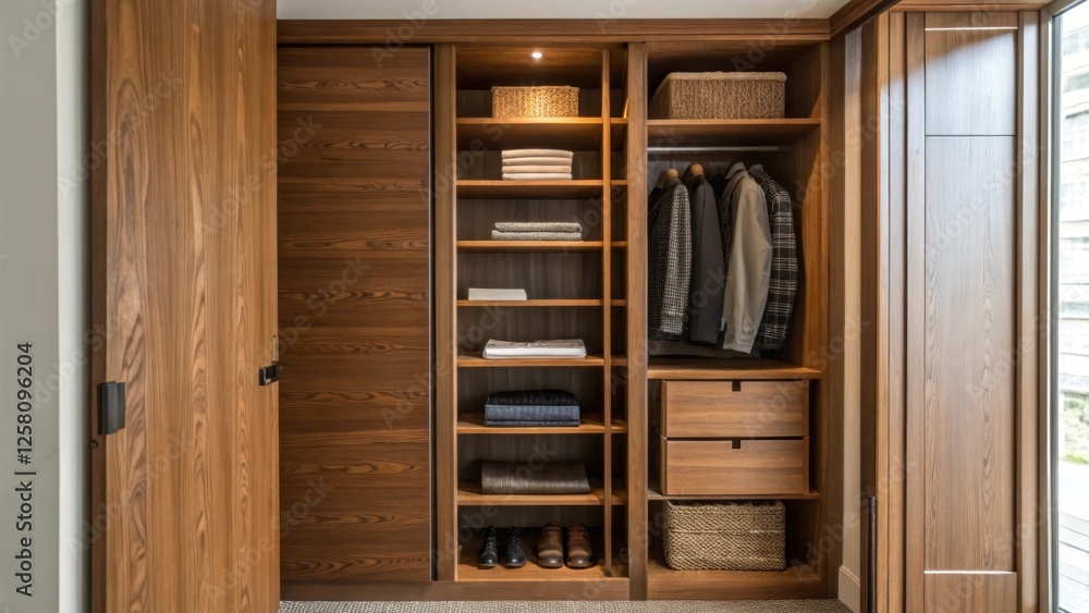 Poster An image showing a partially open closet with various wood shelves pre and stacked emphasizing a mix of textures and natural wood grains.