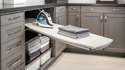 An innovative pullout ironing board cleverly tucked into cabinetry captured miduse with an iron resting on top reflecting the practicality of modern laundry room design.