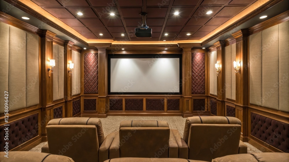 Poster an inviting home theater scene displaying a cinematic setup with a retractable screen framed by rich