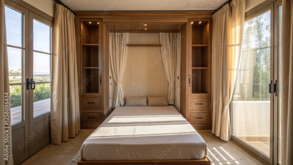 Poster An inviting scene with a Murphy bed in a room filled with natural light with curtains blowing gently demonstrating how good design can create a peaceful retreat.