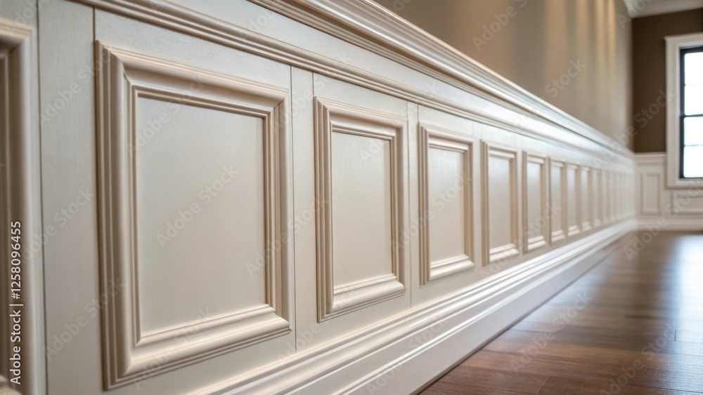 Poster an intricate closeup of a newly installed wainscoting panel highlighting detailed craftsmanship and 
