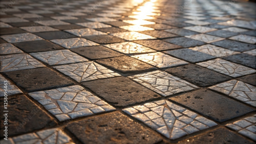 Aufkleber An intricate closeup of a diamondpatterned mosaic showcasing the play of light on the uneven surface tiles creating a dynamic visual effect.