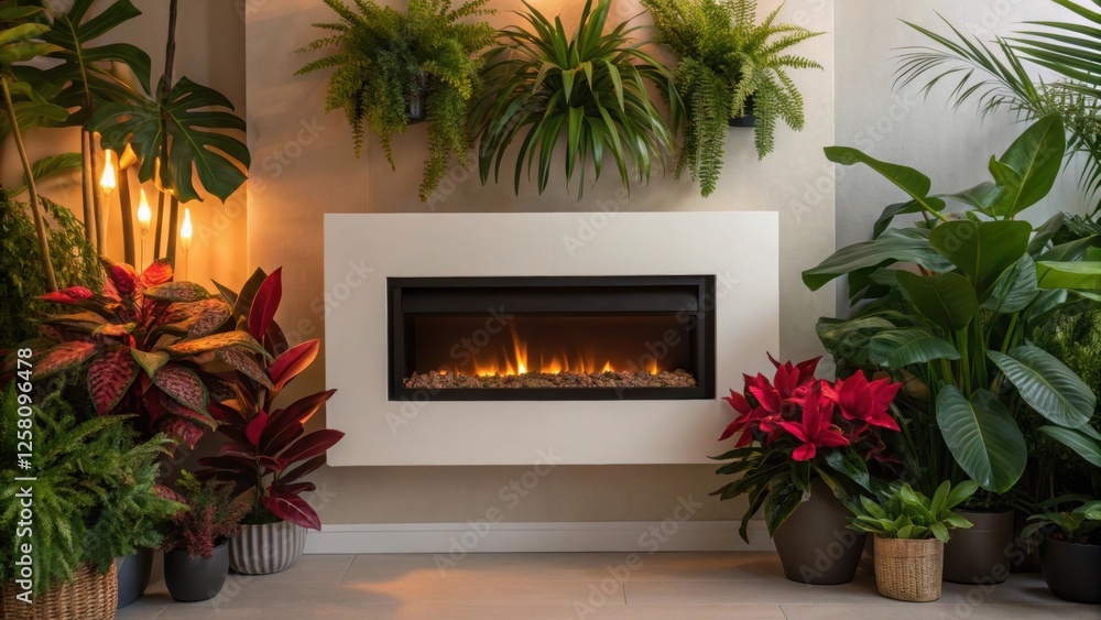 Poster An inviting medium closeup of a wallmounted fireplace flickering softly with a wide array of houseplants positioned around it creating a vibrant and lush living space.
