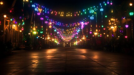 Obraz premium Enchanting Night Street Illuminated by Multicolored Light Strings and Lanterns Festive Celebration