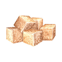 Brown sugar cubes. Hand drawn watercolor illustration isolated. Product of sugar cane processing. Natural sweet food design. Ingredient for cooking and bakery. Organic sweetener for drink. Clipart.